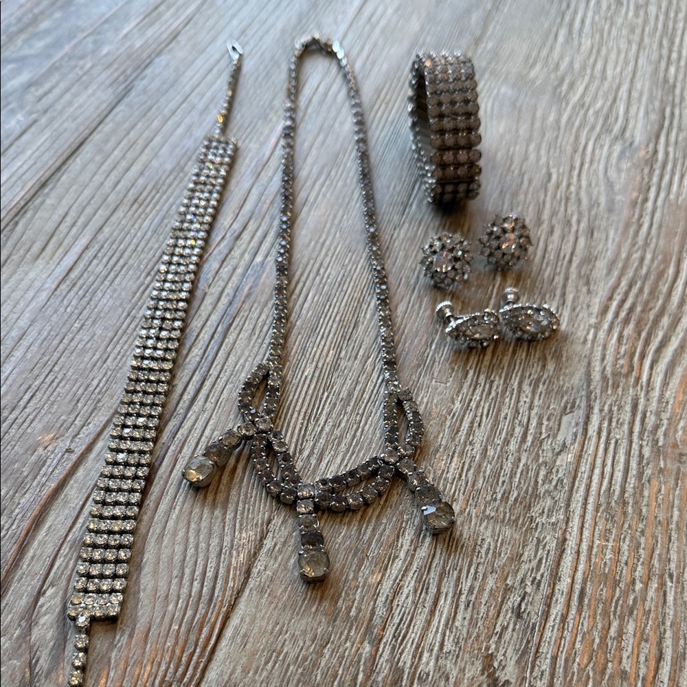 Vintage Rhinestone Jewelry Bundle Necklace, Choker, Expanding Bracelet, Earrings